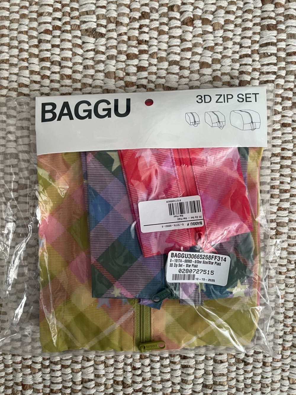 Baggu 3D Zip Pouch Set Pink Green Yellow Star Plaid